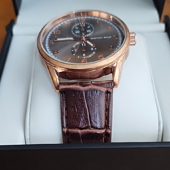 Geoffrey Beene Rose Gold Chronograph Watch with Brown Leather Band - Picture 4 of 5